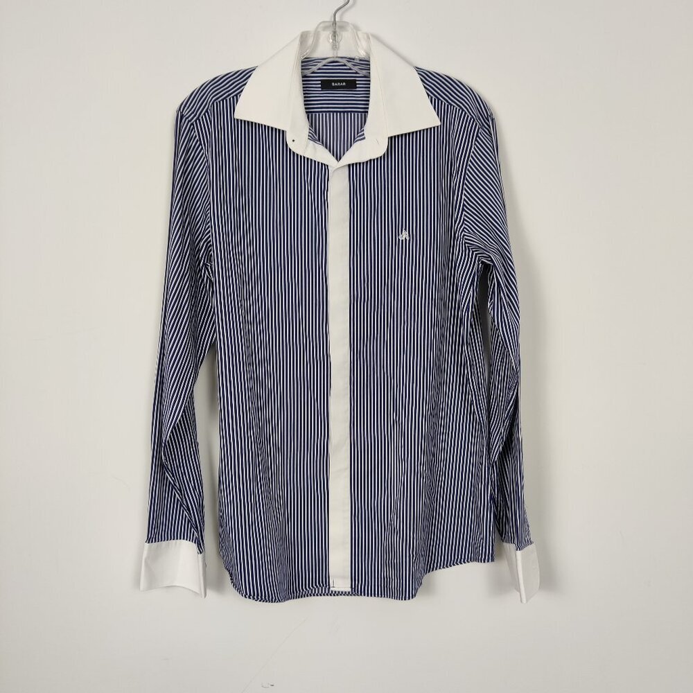 Sarar Men's Striped Dress Shirt in Blue White Size XL Cotton Business Casual